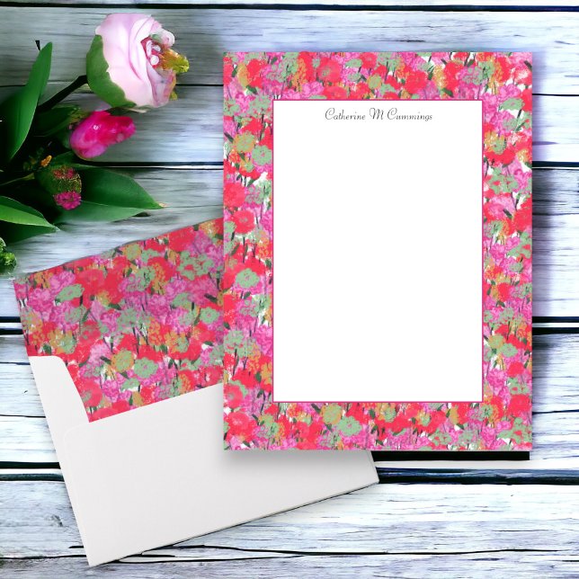 Elegant röd rosa blommig personlig pappersark (Coordinating custom stationery with matching lined envelopes)
