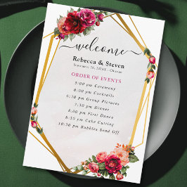 Elegant röd rosa blomster- och falsk guldbröllopsp program