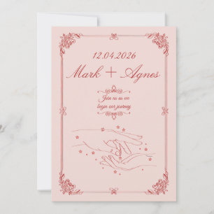 Elegant röd rosa bröllopshand linjekonst inbjudningar