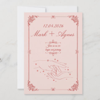 Elegant röd rosa bröllopshand linjekonst inbjudningar