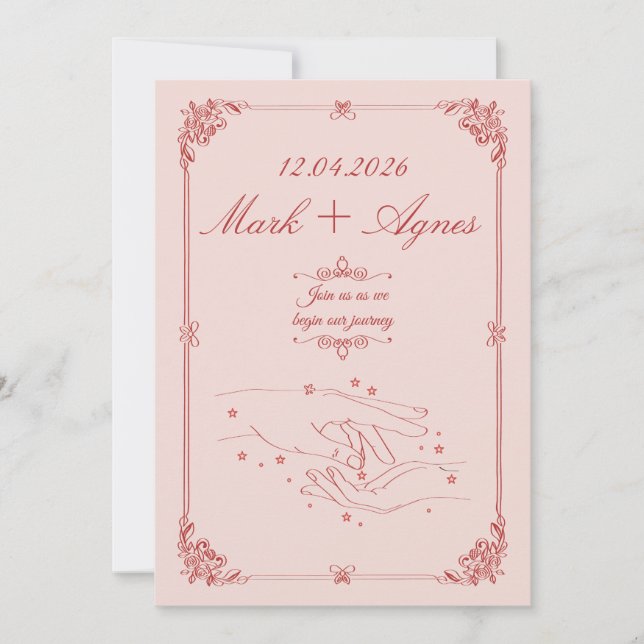Elegant röd rosa bröllopshand linjekonst inbjudningar (Framsida)