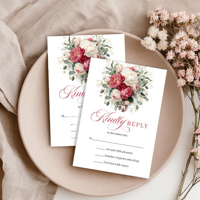 Elegant röd rosafärgad boho bröllop RSVP-kort OSA Kort (Elegant Red Blush Boho Wedding RSVP Card)