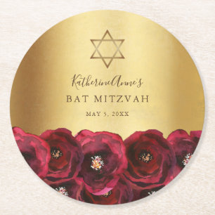 Elegant röd rosblomma gul Bat Mitzvah Underlägg Papper Rund