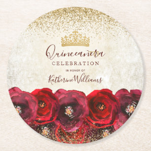Elegant röd rosblommig guldkrona Quinceañera Underlägg Papper Rund