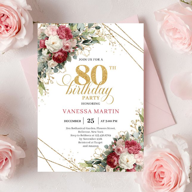 Elegant röd rosé floral 80-års inbjudan (Elegant Red Blush Floral 80th Birthday Invite)