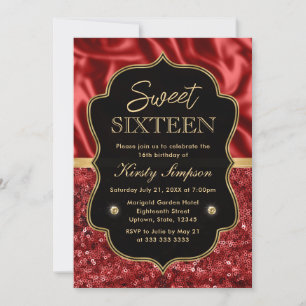 Elegant röd satin & glitter guld ram Sweet 16 Inbjudningar