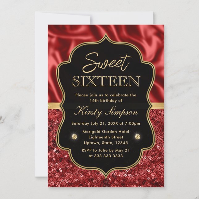Elegant röd satin & glitter guld ram Sweet 16 Inbjudningar (Framsida)