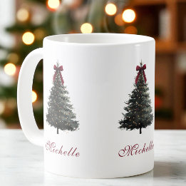 Elegant röd script bow vattenfärg julgran kaffemugg