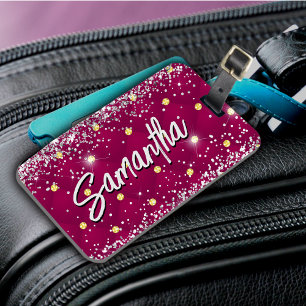 Elegant röd silver glittrande glittermonogram bagagebricka