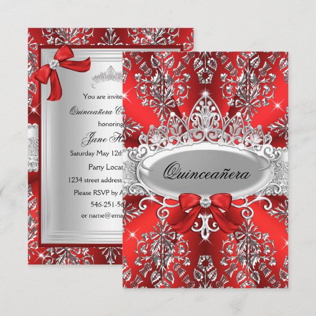 Elegant röd silver tiara damask Quinceanera inbjud Inbjudningar (Fram/baksida)