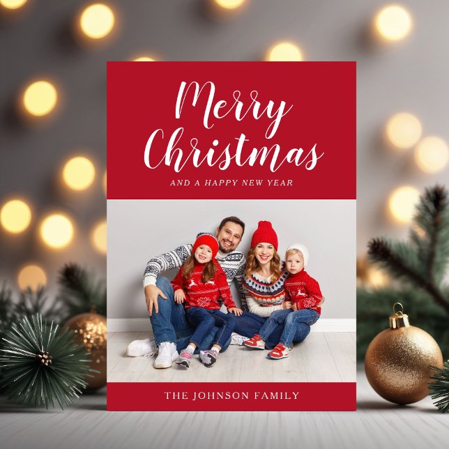 Elegant röd skrift En bild Jul Julkort (Elegant Red Script One Photo Christmas Holiday Card)