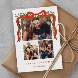 Elegant röd slinga med grönska 3 foto jul julkort