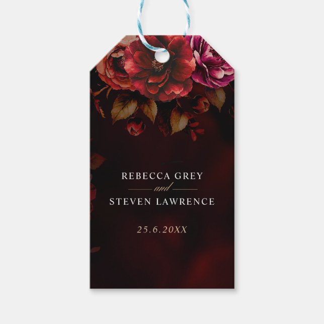 Elegant röd svart blommigt Bröllop romantisk moody Presentetikett (Framsidan)