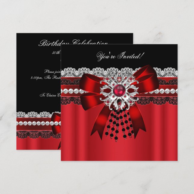 Elegant Röd Svart Diamant Silver Spets Fest 2 Inbjudningar (Fram/baksida)