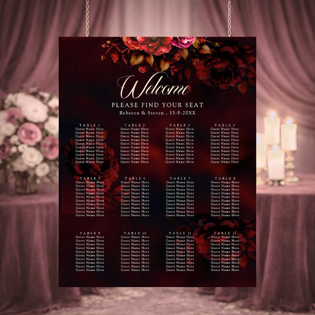 Elegant röd svart dyster blomsterbröllop  poster (Skapare uppladdad)