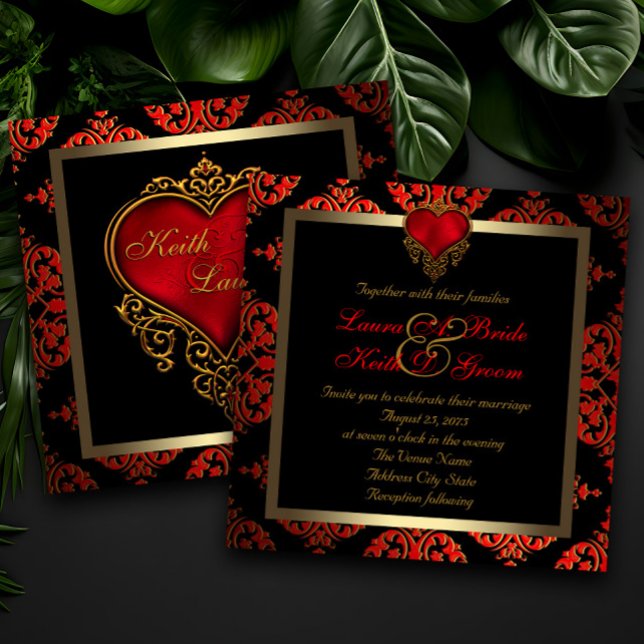 Elegant röd svart och guld bröllop inbjudningar (Dramatic red, black and gold wedding invitation with red and gold heart.)