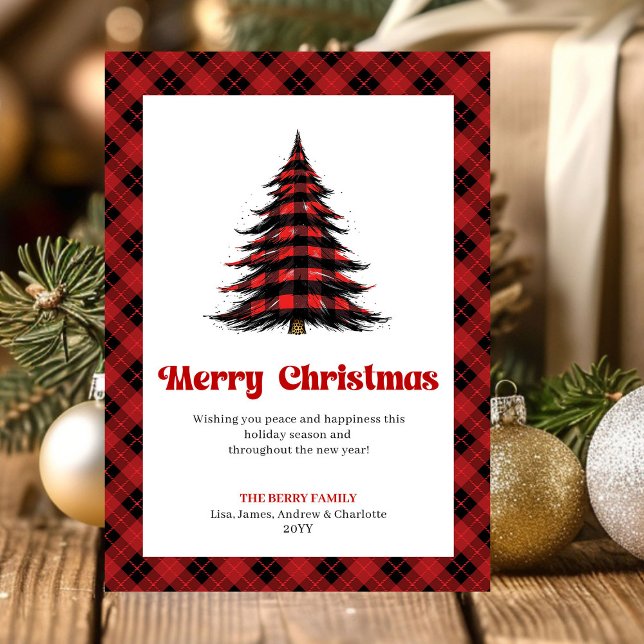 Elegant röd svart rutig julhälsningskort julkort (Elegant Red Black Plaid Christmas Greeting Card)