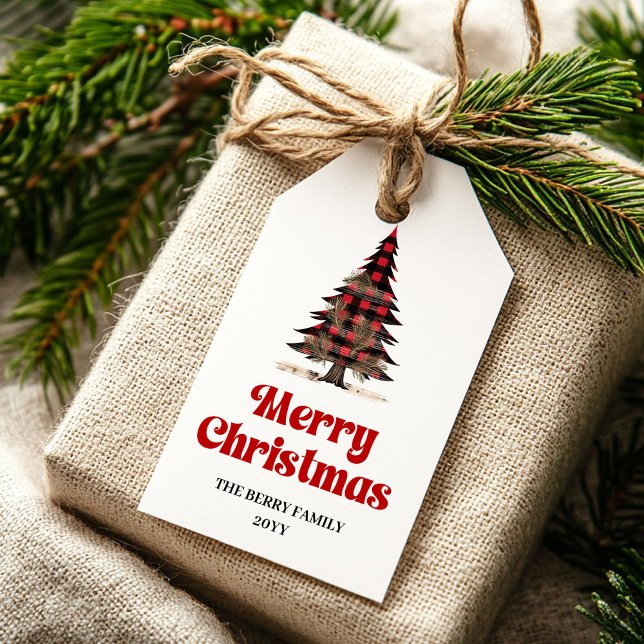 Elegant röd svart rutig julpresent etikett (Elegant Red Black Plaid Christmas Gift Tag)