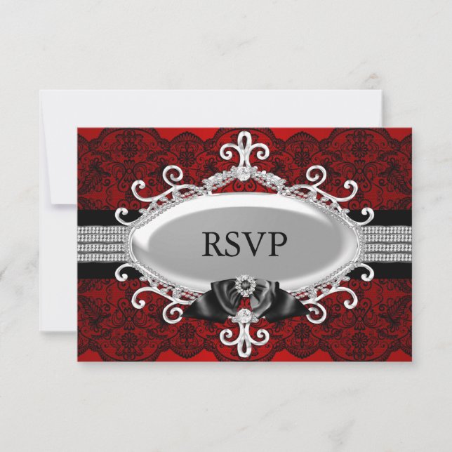 Elegant röd svart spets & juvelsbow RSVP Inbjudningar (Framsida)