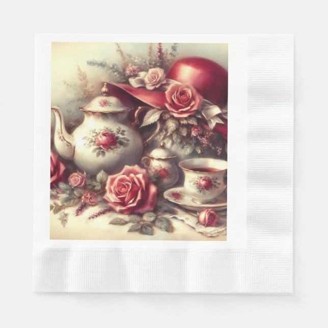 Elegant röd tekväll floral papper servett (Framsidan)