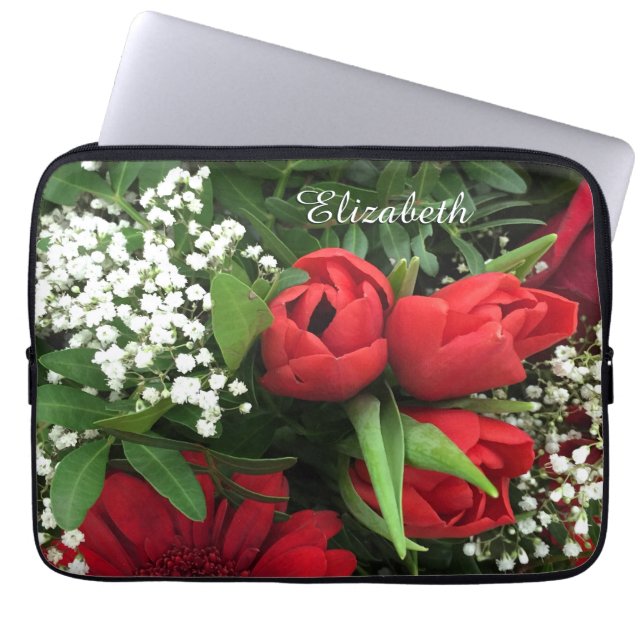 Elegant röd tulpanpersonliglaptop sleeve (Framsidan)