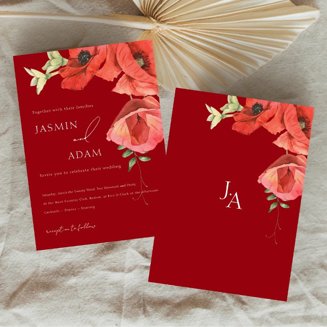 Elegant Röd Vallmo Blommig Bröllop Inbjudningar (Crimson Red Poppies Floral Wedding Invitation)