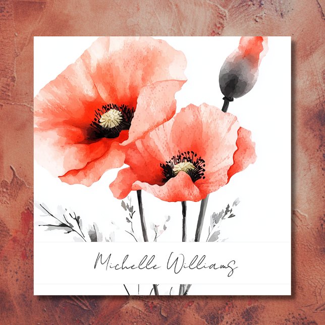 Elegant Röd vallmo-Blommigt för vattenfärg Fyrkantigt Visitkort (Front - Elegant Watercolor Red Poppy Floral Square Business Card)