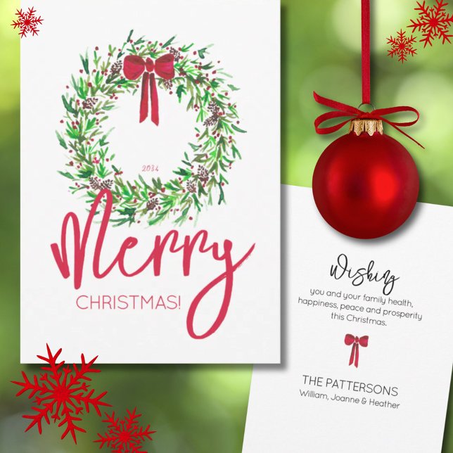 Elegant Röd vattenfärg Julfrö Utandning utan foto Julkort (Elegant Red Watercolor Christmas Wreath Non-Photo Holiday Card)