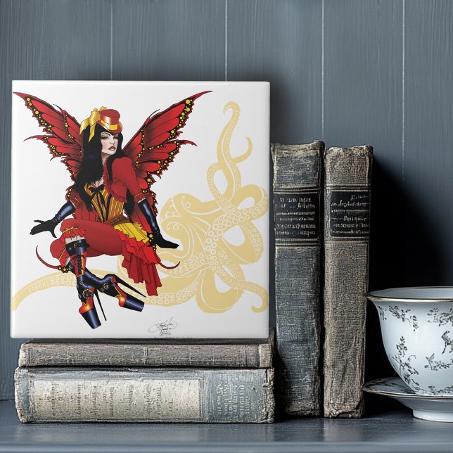 Elegant röd viktoriansk steampunk fe Octopus Kakelplatta (Skapare uppladdad)