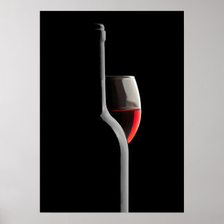 Elegant röd vinglas & flaska. Svart bakgrund Poster