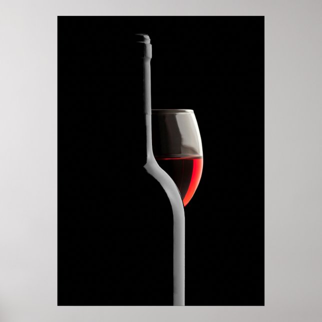 Elegant röd vinglas & flaska. Svart bakgrund Poster (Framsidan)