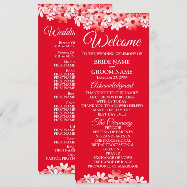 Elegant röd vit blommande bröllop program (Fram/baksida)