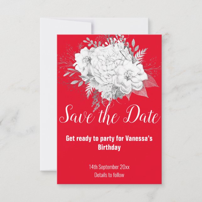 ELEGANT RÖD VIT BLOMMIG SAVE THE DATE OSA KORT (Framsida)