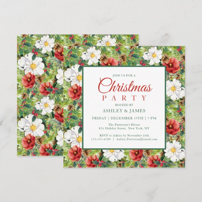 Elegant röd vit blomster julfest inbjudningar (Fram/baksida)