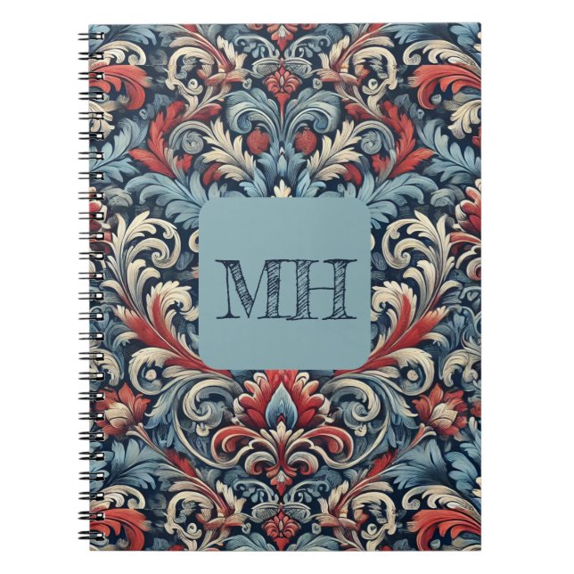 Elegant röd, vit och blå dämpare med monogram anteckningsbok (Framsidan)