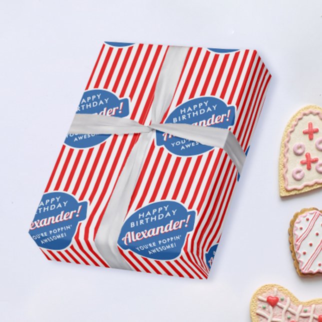 Elegant röd vit och blå popcorn randigt mönster presentpapper (Skapare uppladdad)