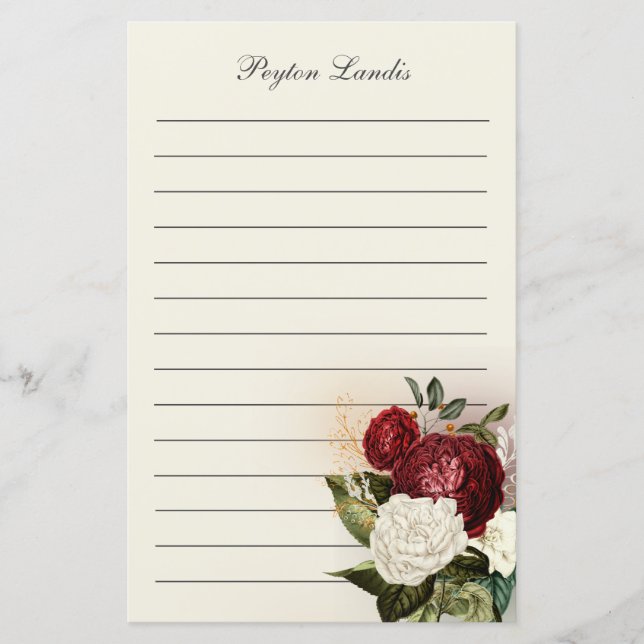 Elegant röd vit vintage blomstergivna namn (Framsida)