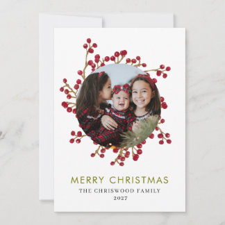 Elegant röda bär krans familjefoto jul julkort
