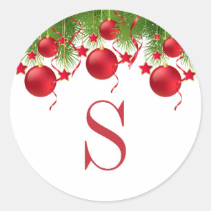Elegant Röda julprydnadsföremål Greenery Monogram Runt Klistermärke