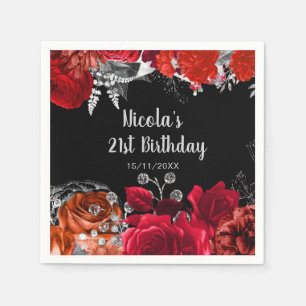 Elegant röda och silver blommor födelsedagsfest pappersservett