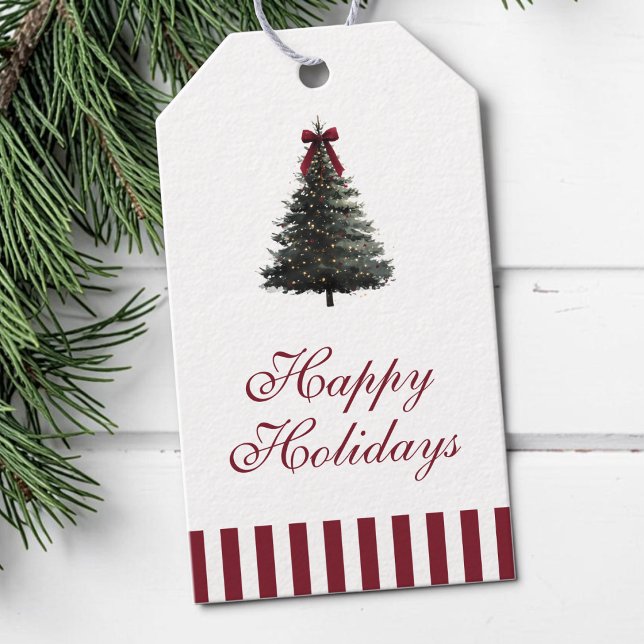 Elegant röda ränder Vattenfärg Julgran Presentetikett (Elegant Red Stripes Watercolor Christmas Tree Gift Tags)