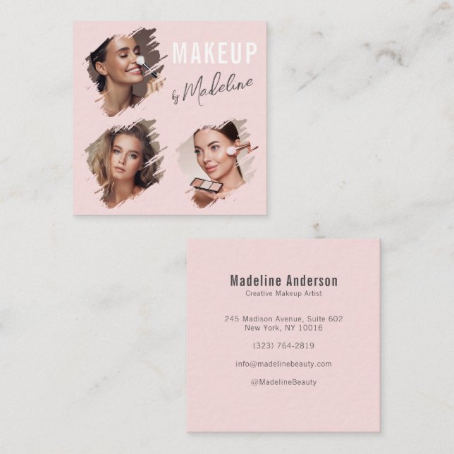 Elegant Röda Rosa Svart Script 3 Foto Smink Fyrkantigt Visitkort (Fram/baksida)