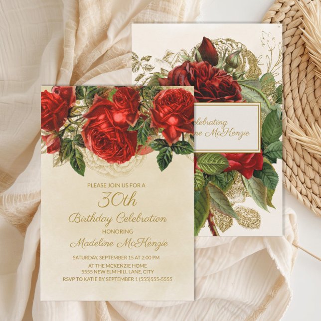 Elegant Röda Roser Champagne 30-årsdag Inbjudningar (Elegant red roses on cream 30th birthday party invitation)