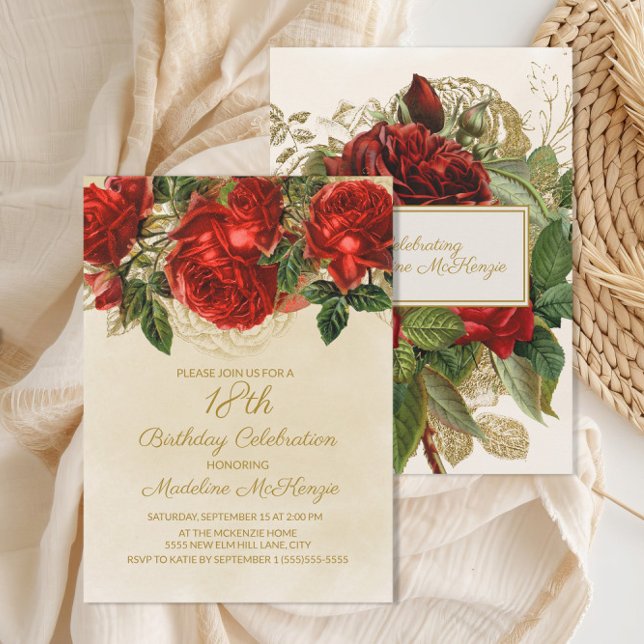 Elegant röda rosor Champagne 18-årsdag Inbjudningar (Elegant red roses 18th birthday party invitation)