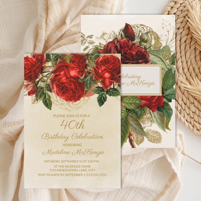 Elegant Röda Rosor Champagne 40-årsdag Inbjudningar (Elegant red roses on cream 40th birthday party invitation)