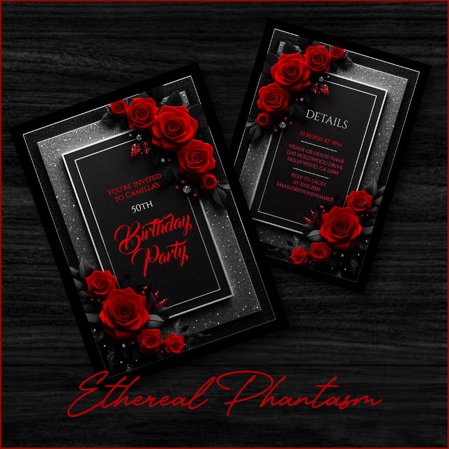 Elegant röda rosor Svart glamour födelsedagsinbjud Inbjudningar (red black silver roses glitter birthday party wedding bridal elegant floral dark moody invitation.)