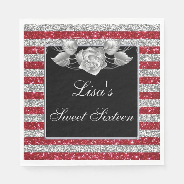 Elegant Röda Silver Glitter, Ro, Silver, Sverige 1 Pappersservett (Framsidan)