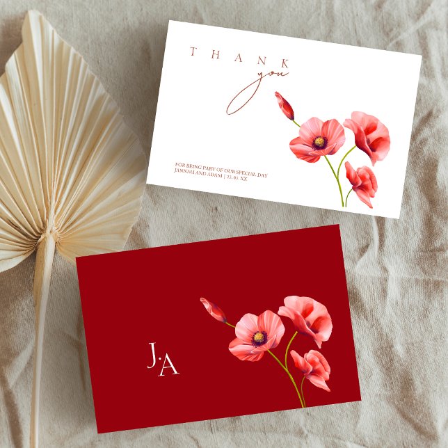 Elegant röda vallmo blomstermönster bröllop tack kort (Crimson Red Poppies Floral Wedding Thank You Card)