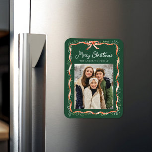 Elegant rödbands- och grönkrans julfoto magnet