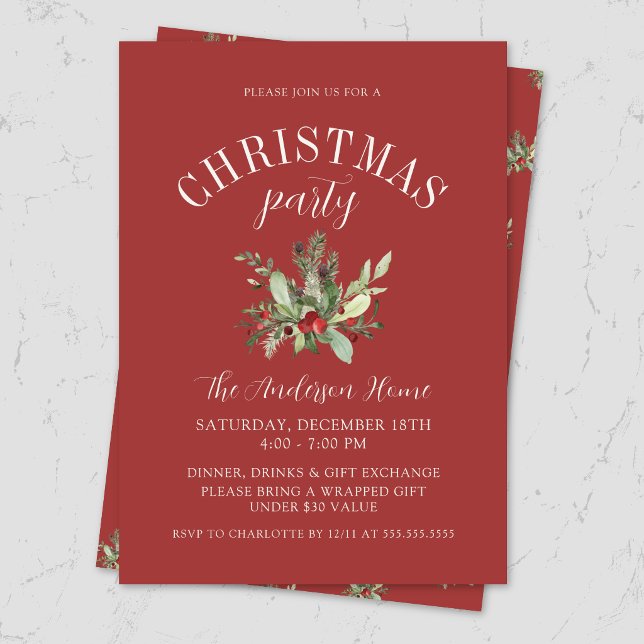 Elegant rödmistel jul firande party inbjudningar (Elegant, modern red Christmas party invitation card on marble surface with elegant festive mistletoe)